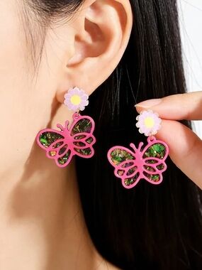 Pink Butterfly Drop Earrings with Yellow Daisy Accent